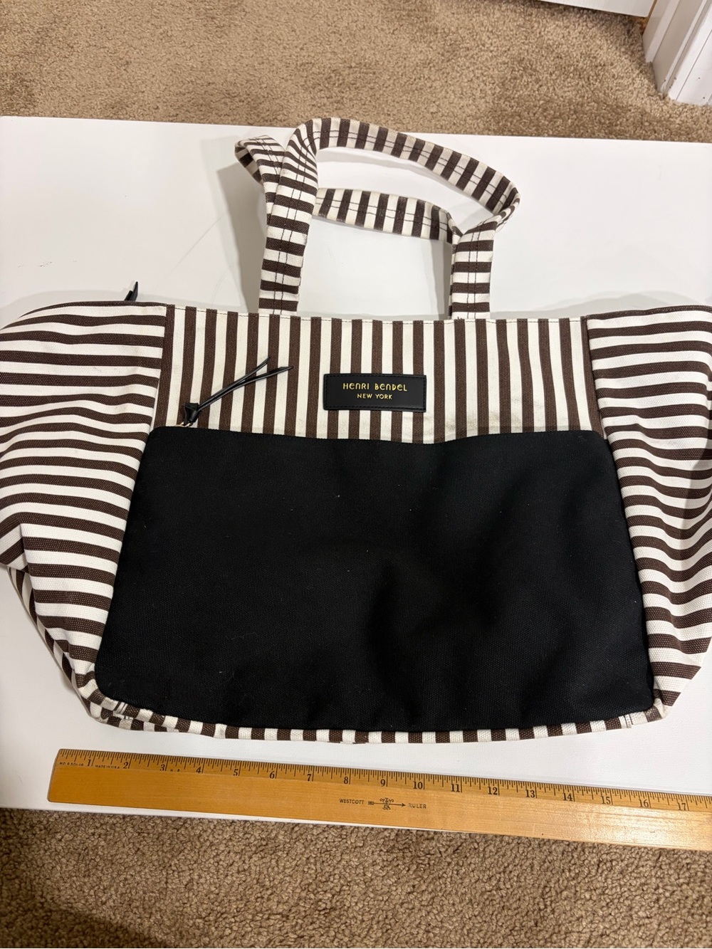 henri bendel Brown & White cavas Tote with Black Front Pocket never used!